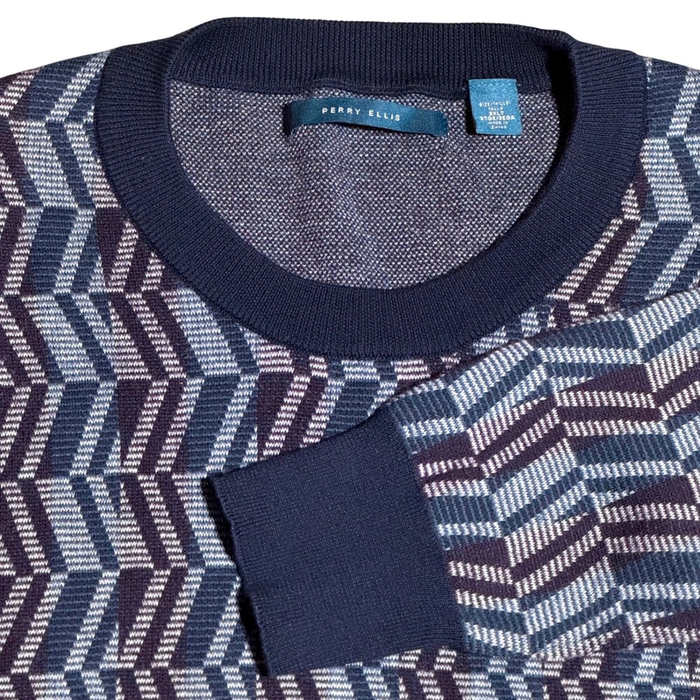 Perry Ellis Patterned Knit Crewneck Sweater Navy Plum Size 3XL